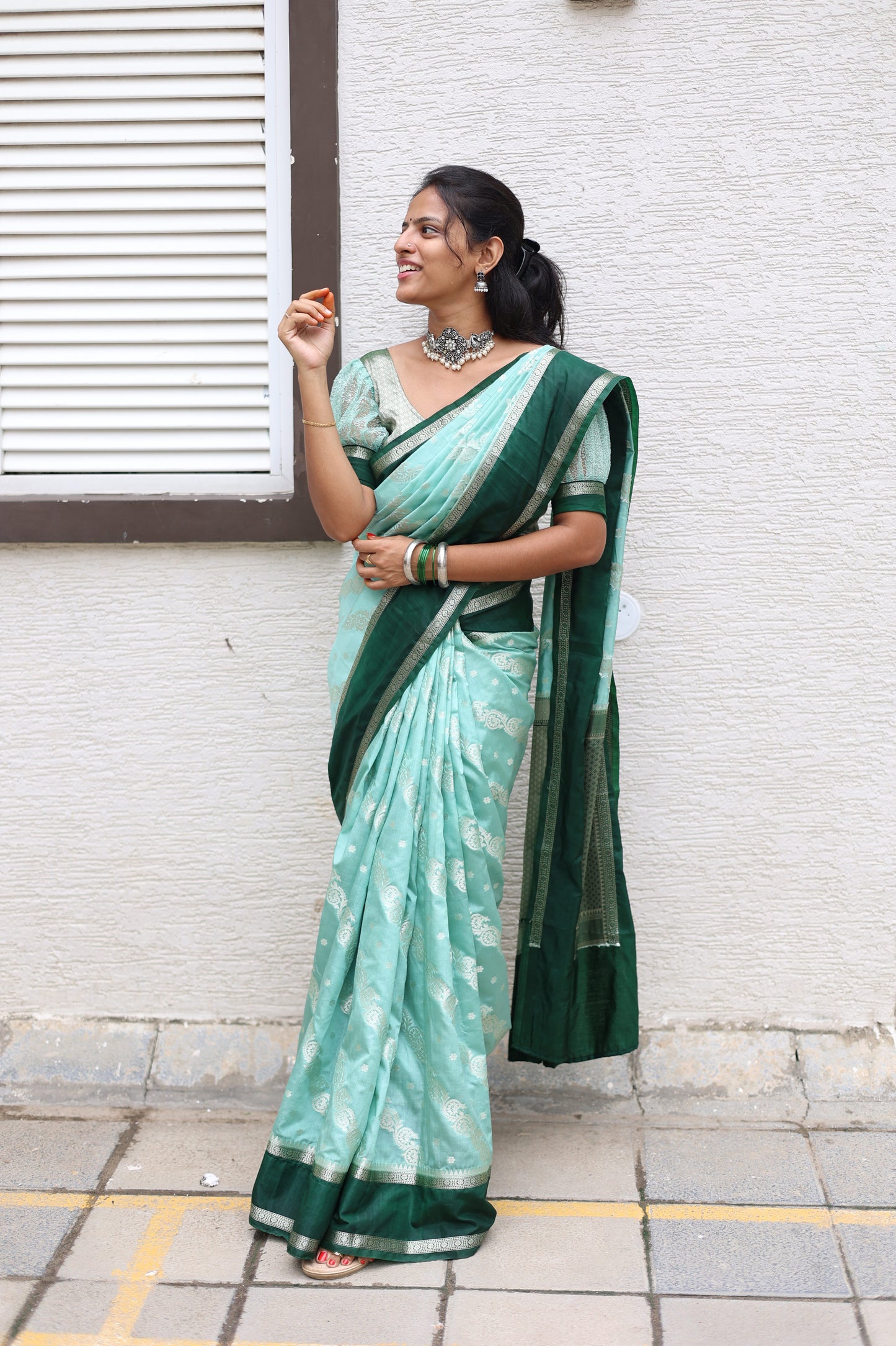 Warm Silk Saree with Contrast Border and Water Zari Work
