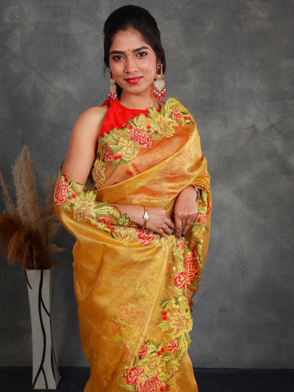 Mustard Crush Tissue Saree with Embroidery - Thugil