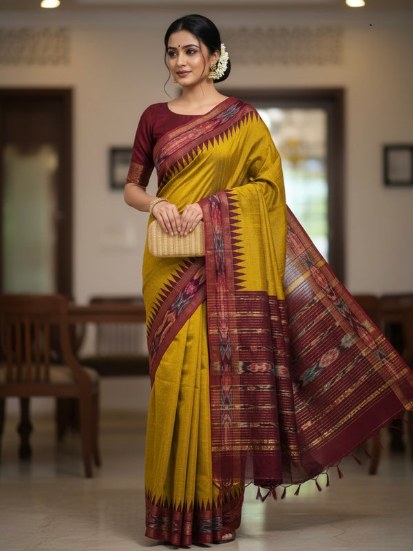 Punya – Pure Raw Silk Pochampally Saree with Temple Ikkat Border & Pallu - Thugil