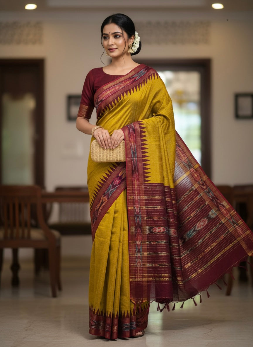 Punya – Pure Raw Silk Pochampally Saree with Temple Ikkat Border & Pallu