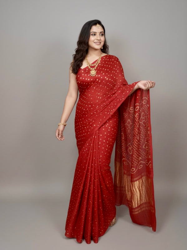 Rudrakshi Modal Silk Bandhani Saree With Tissue Pallu - Thugil