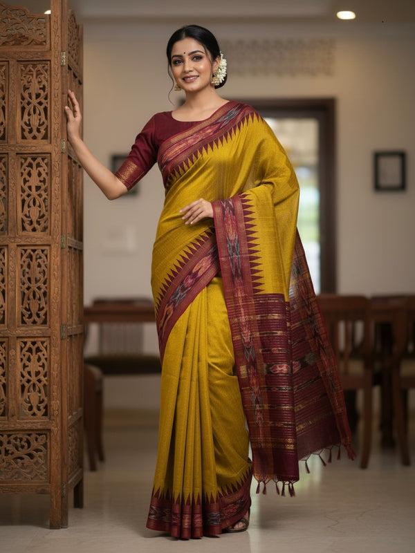 Punya – Pure Raw Silk Pochampally Saree with Temple Ikkat Border & Pallu - Thugil