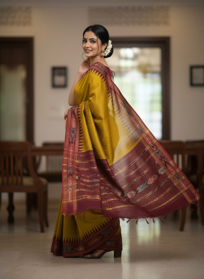 Punya – Pure Raw Silk Pochampally Saree with Temple Ikkat Border & Pallu