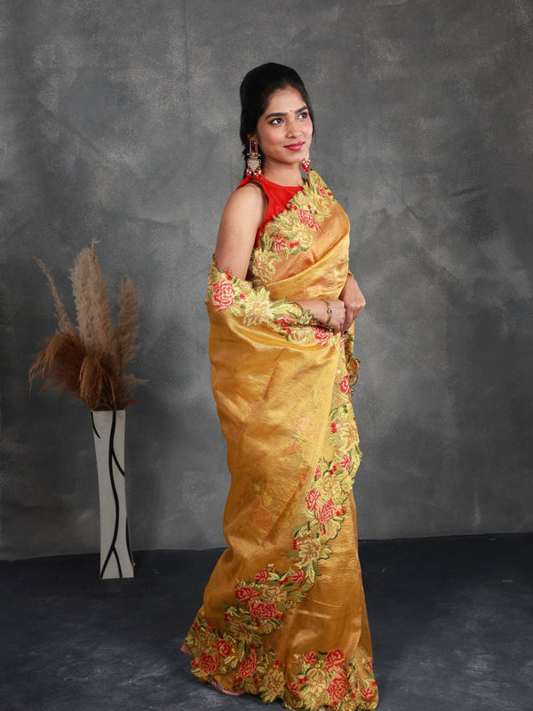 Mustard Crush Tissue Saree with Embroidery - Thugil