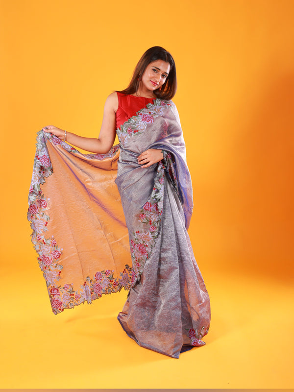 Grey Crush Tissue Saree with Embroidery - Thugil