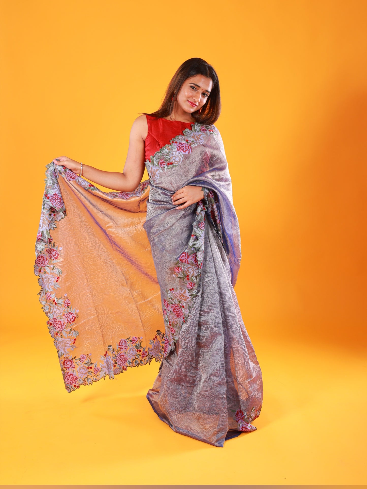 Grey Crush Tissue Saree with Embroidery