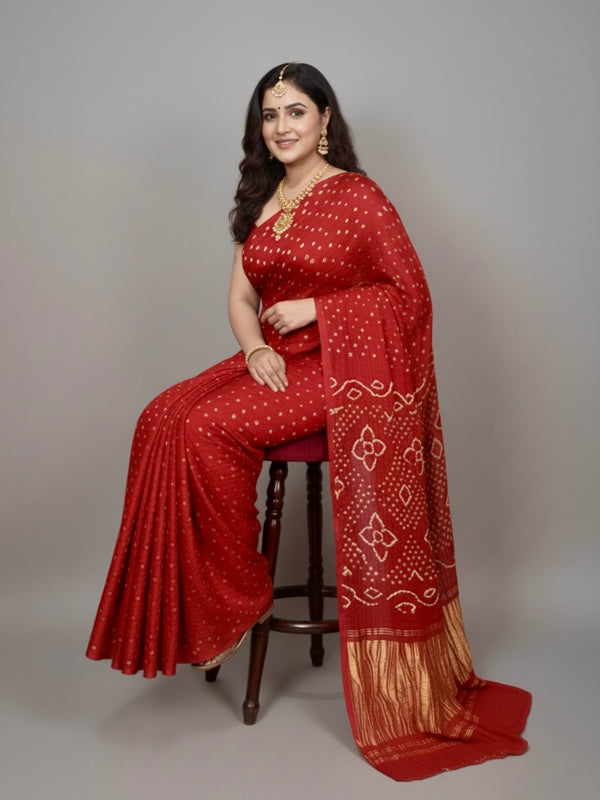 Rudrakshi Modal Silk Bandhani Saree With Tissue Pallu - Thugil