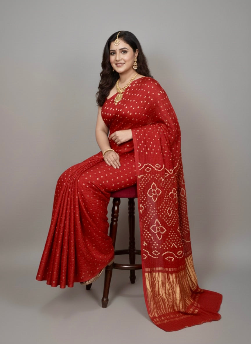 Rudrakshi Modal Silk Bandhani Saree With Tissue Pallu