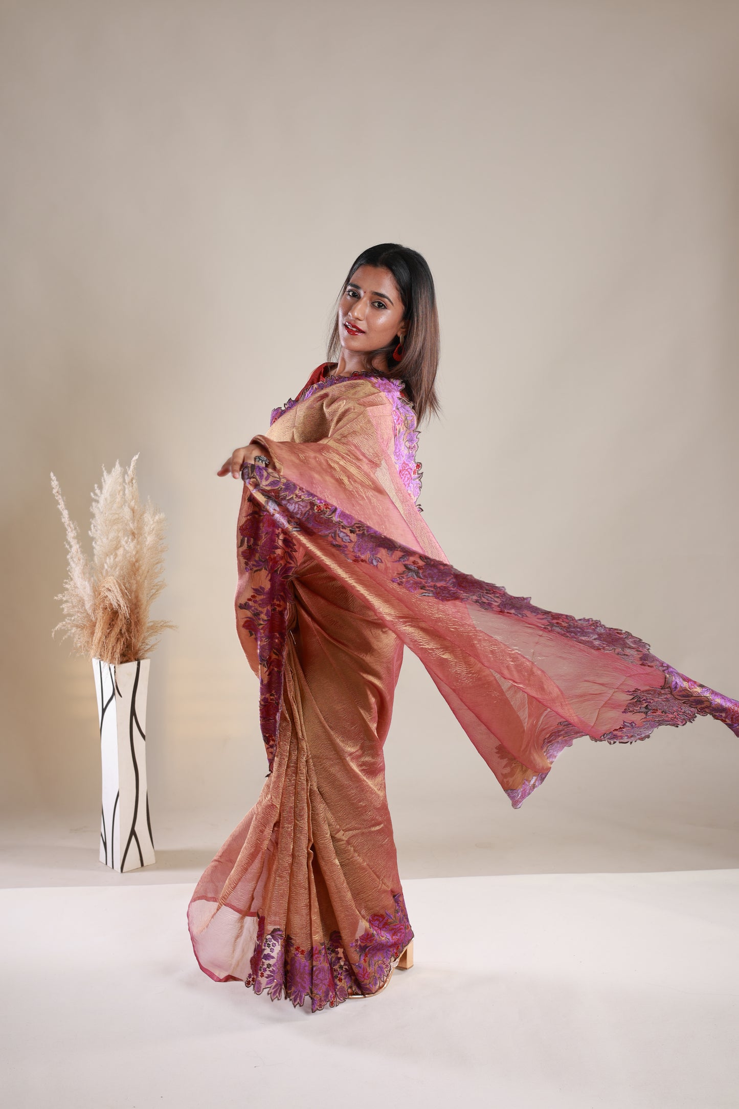 Copper Colour Crush Tissue Saree With Embroidery