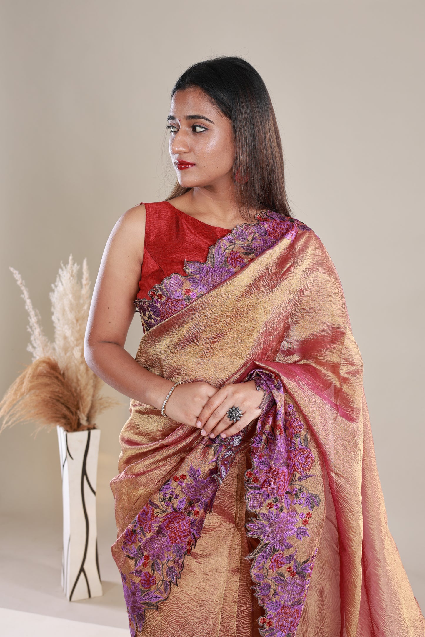 Copper Colour Crush Tissue Saree With Embroidery