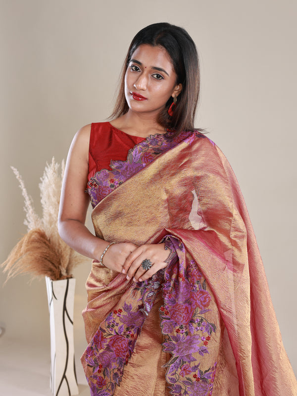 Copper Colour Crush Tissue Saree With Embroidery - Thugil