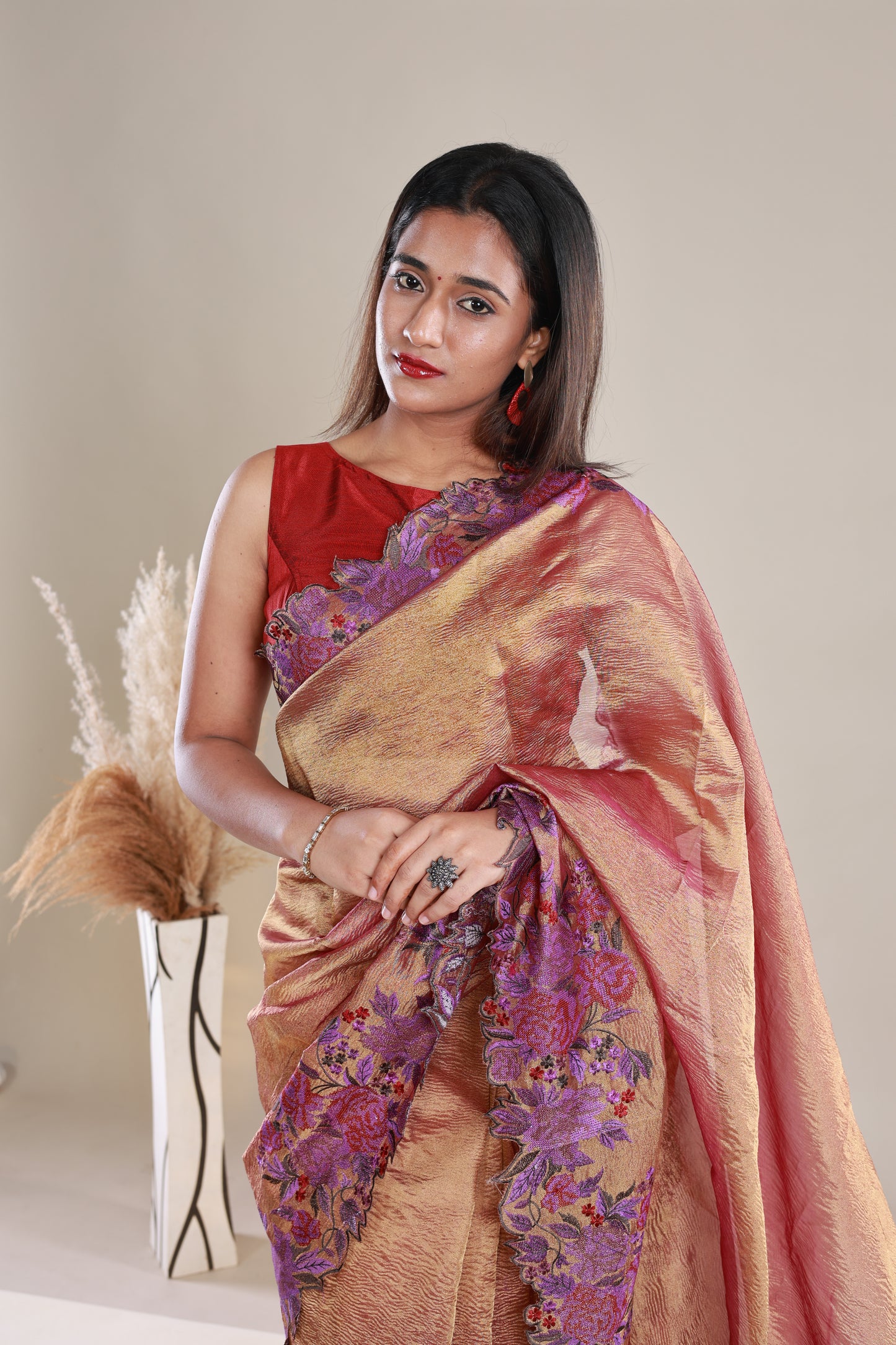Copper Colour Crush Tissue Saree With Embroidery
