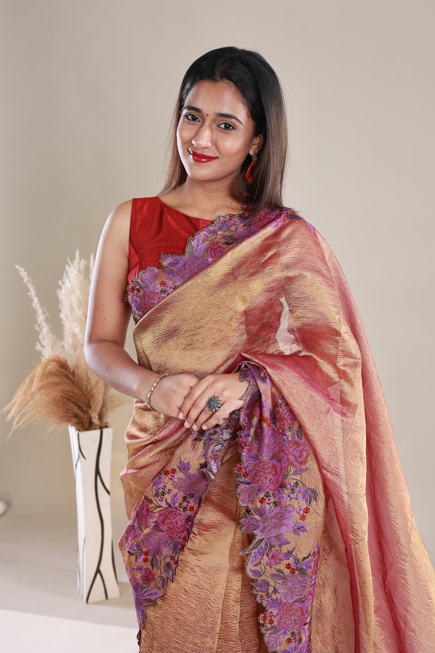 Copper Colour Crush Tissue Saree With Embroidery