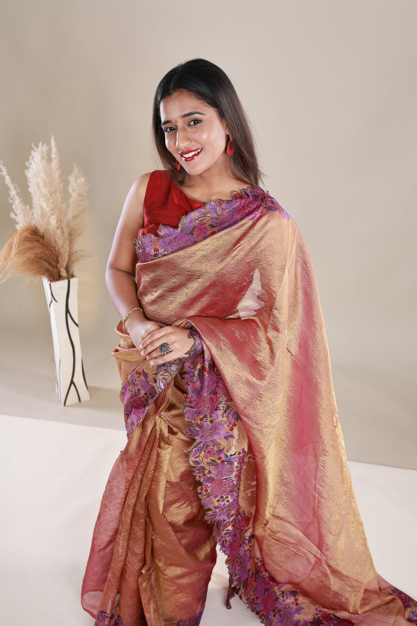 Copper Colour Crush Tissue Saree With Embroidery