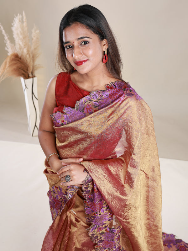 Copper Colour Crush Tissue Saree With Embroidery - Thugil