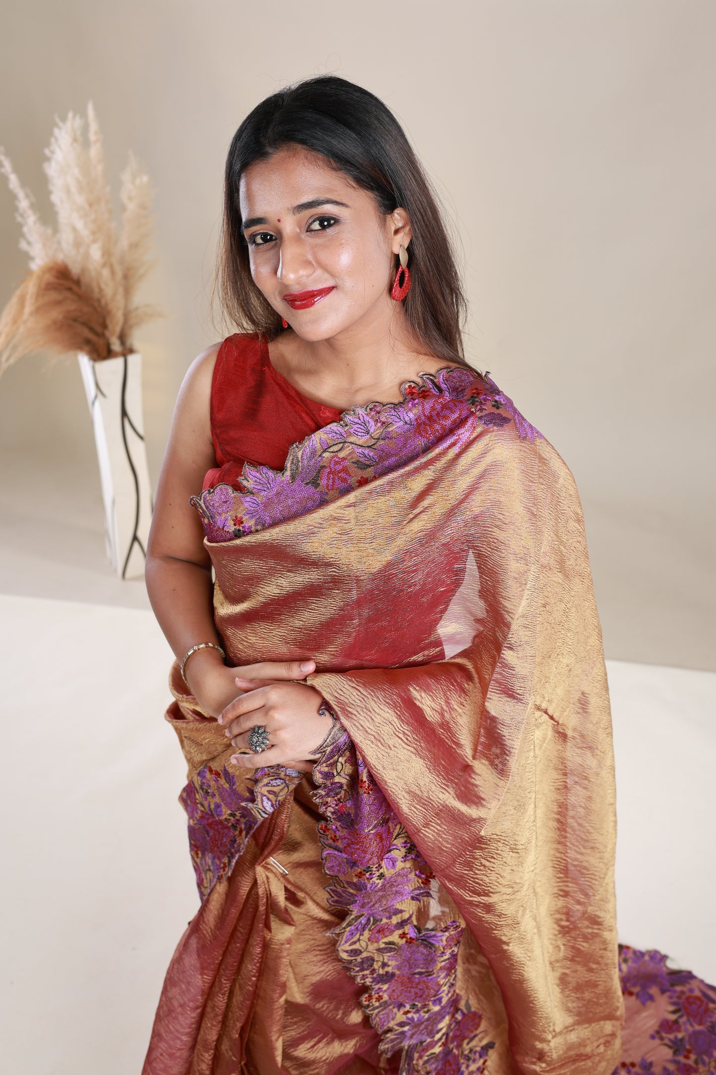 Copper Colour Crush Tissue Saree With Embroidery
