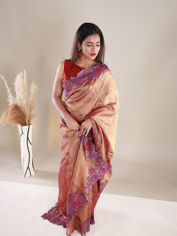 Copper Colour Crush Tissue Saree With Embroidery - Thugil
