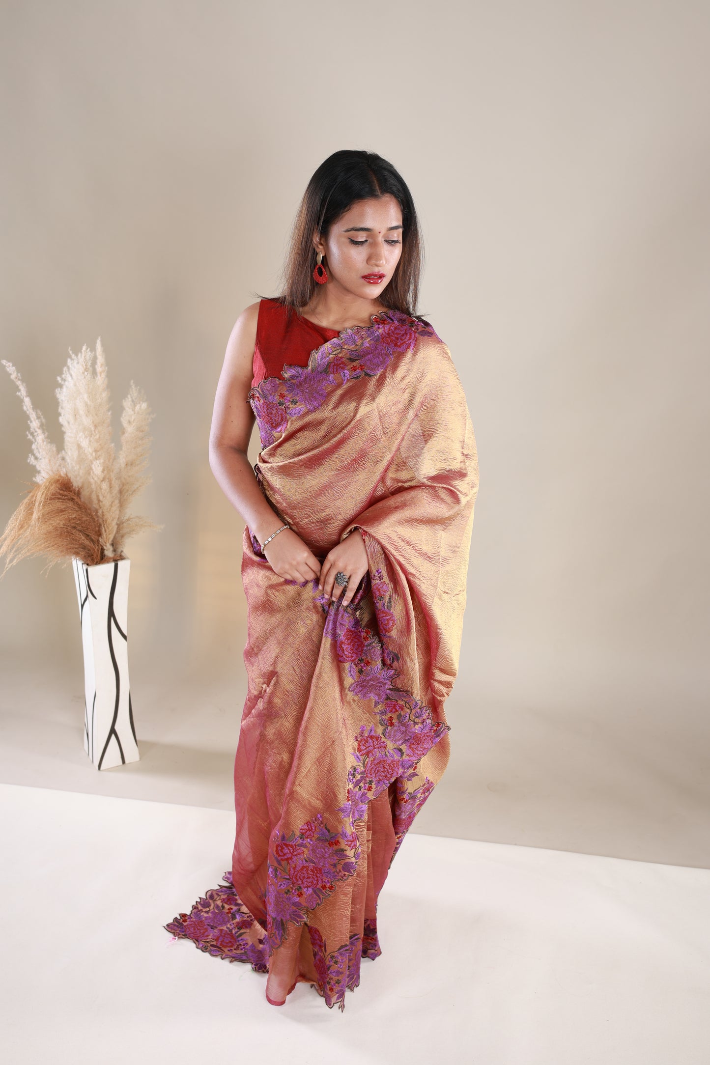 Copper Colour Crush Tissue Saree With Embroidery