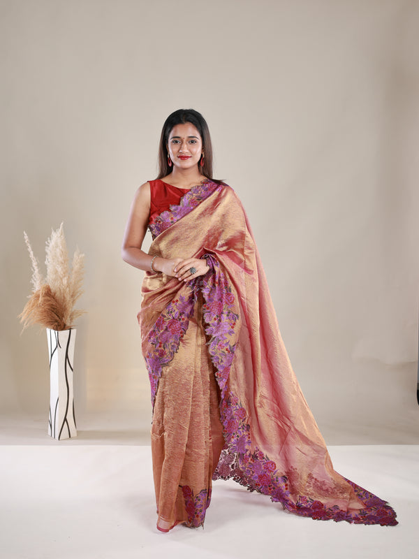 Copper Colour Crush Tissue Saree With Embroidery - Thugil