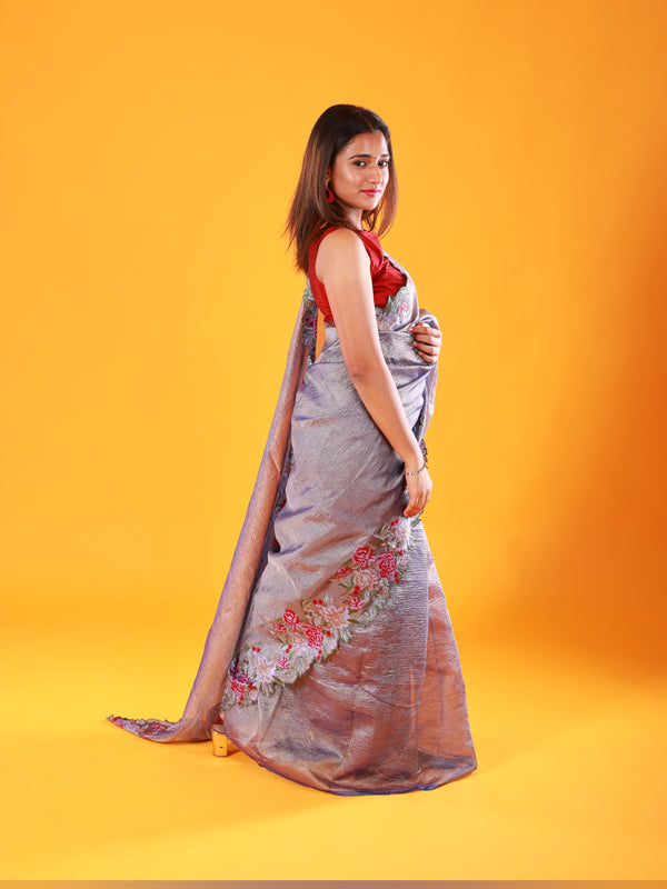 Grey Crush Tissue Saree with Embroidery - Thugil