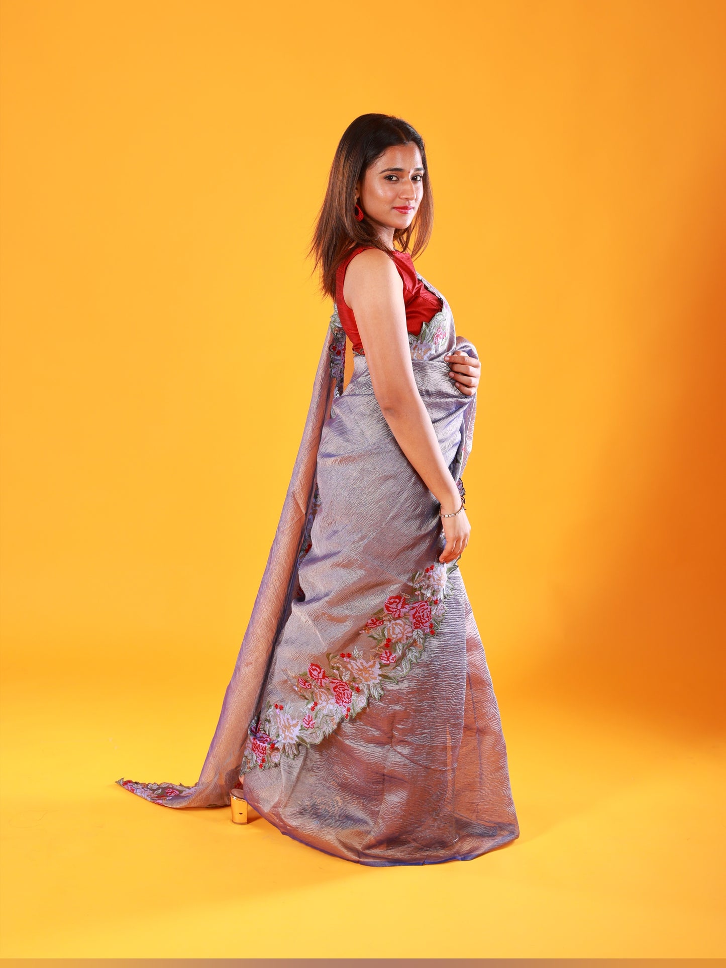 Grey Crush Tissue Saree with Embroidery