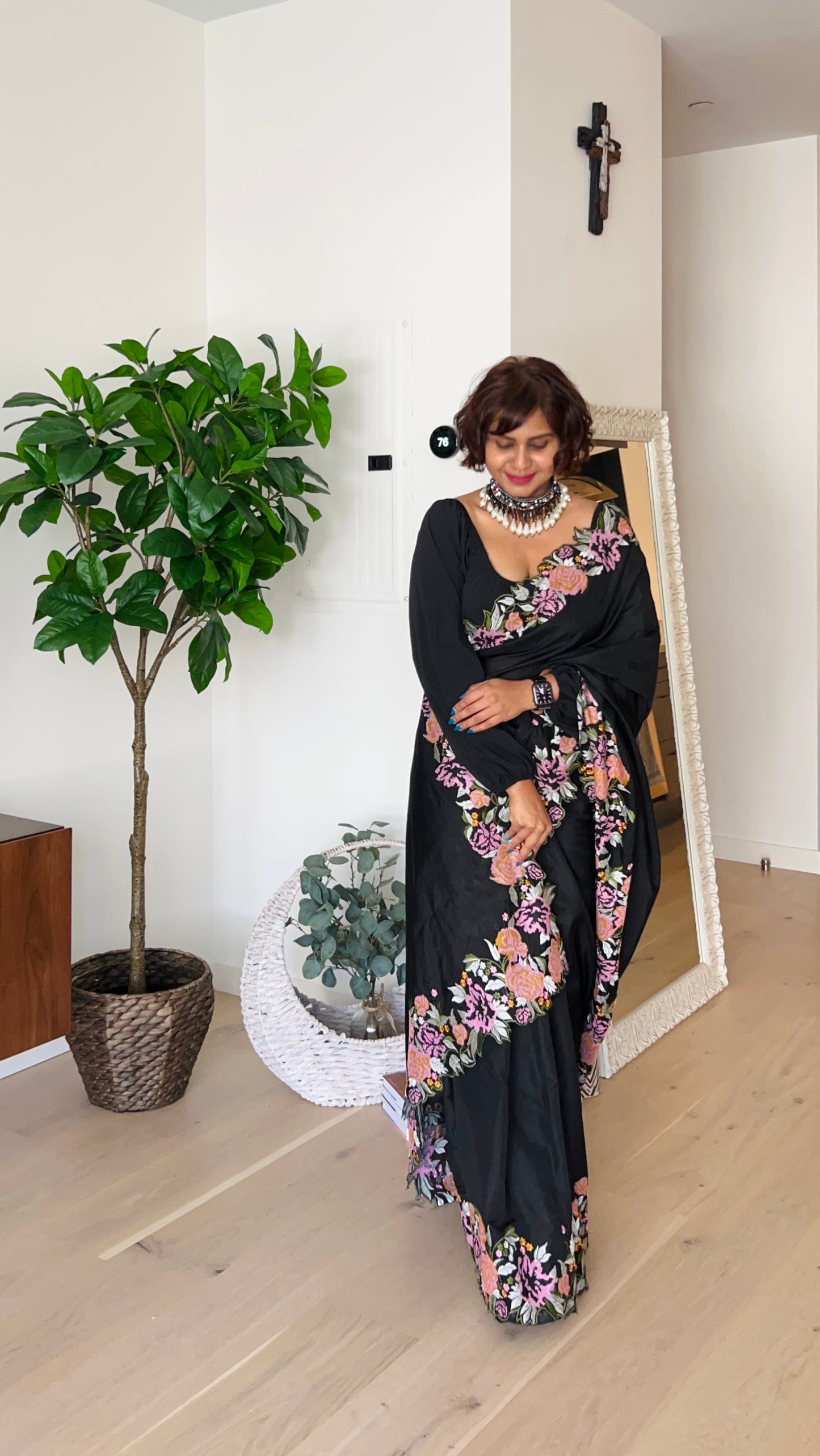 Black Tussar Raw Silk Saree With Embroidery
