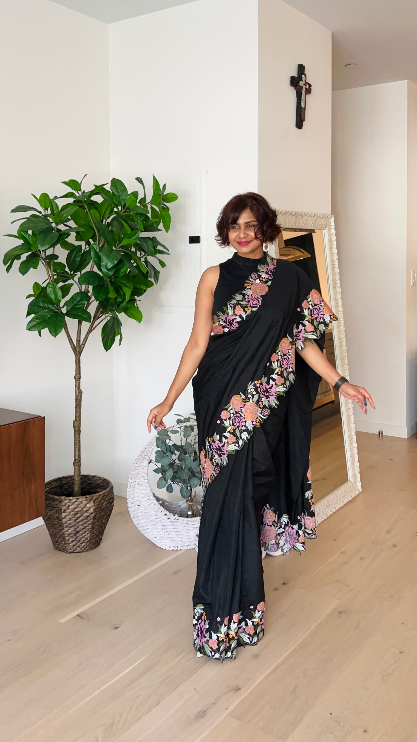 Black Tussar Raw Silk Saree With Embroidery