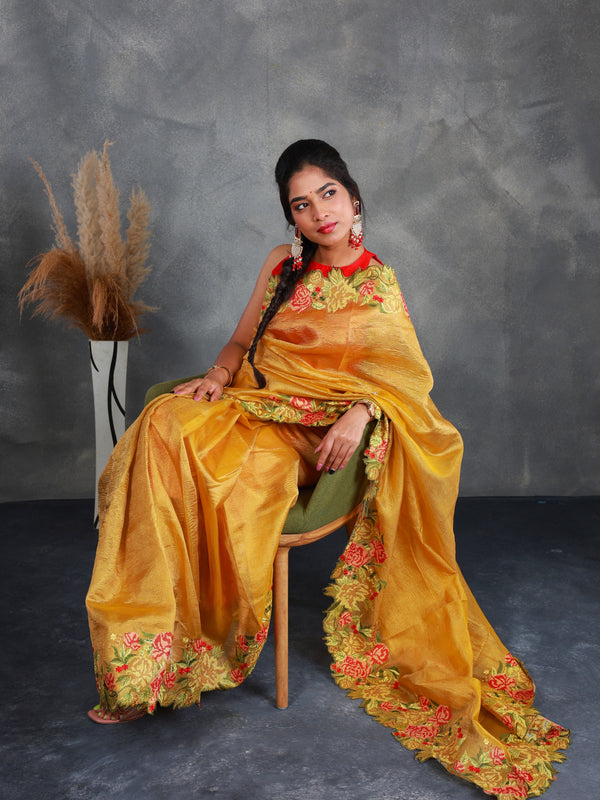Mustard Crush Tissue Saree with Embroidery - Thugil