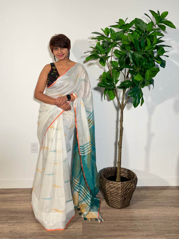 Tina's Linen Cotton Saree with Ikkat Weave - Thugil
