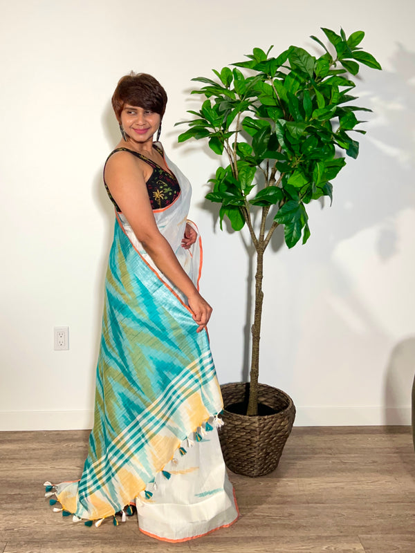 Tina's Linen Cotton Saree with Ikkat Weave - Thugil