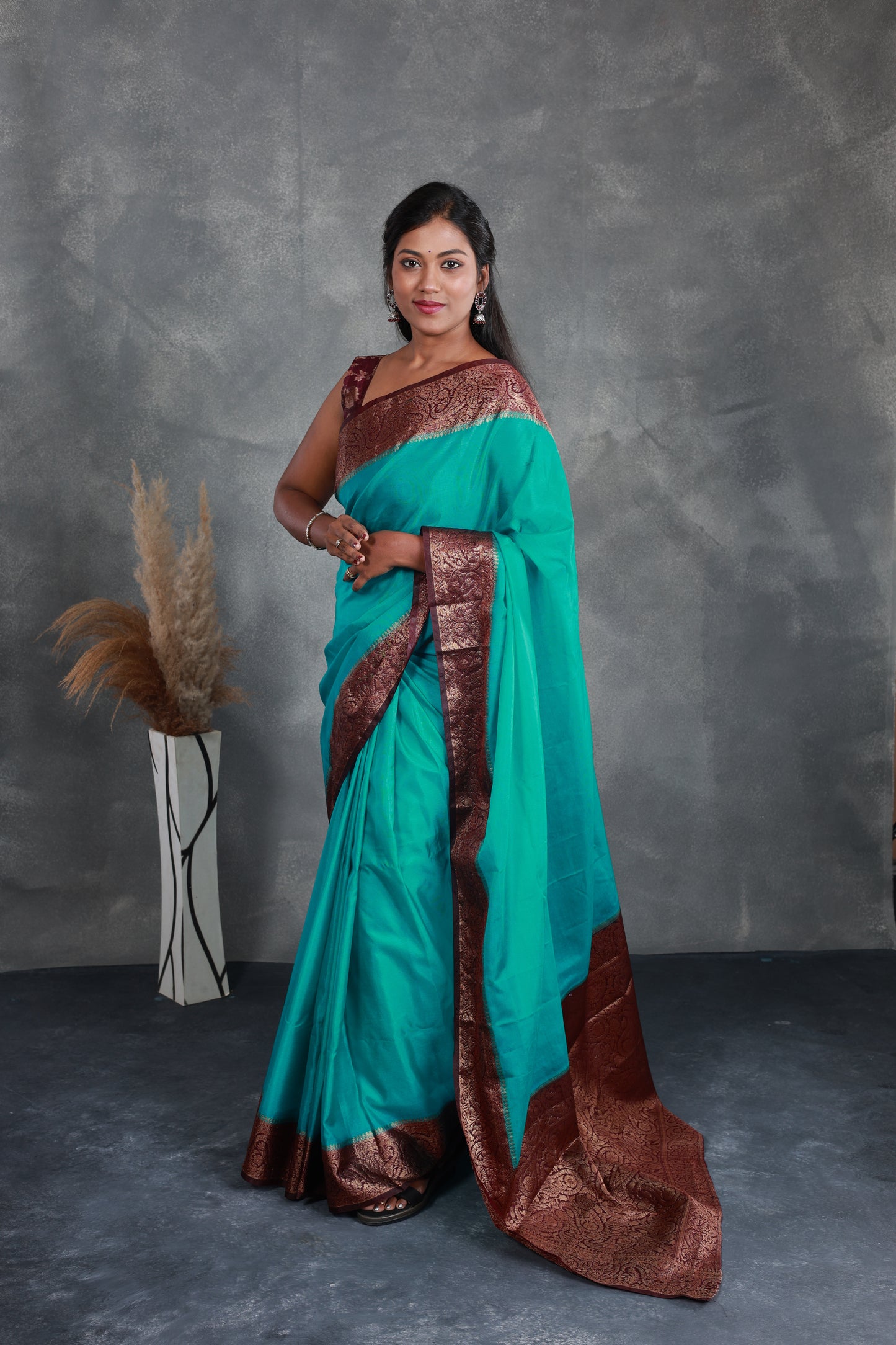 Teal Saree with Contrast Border