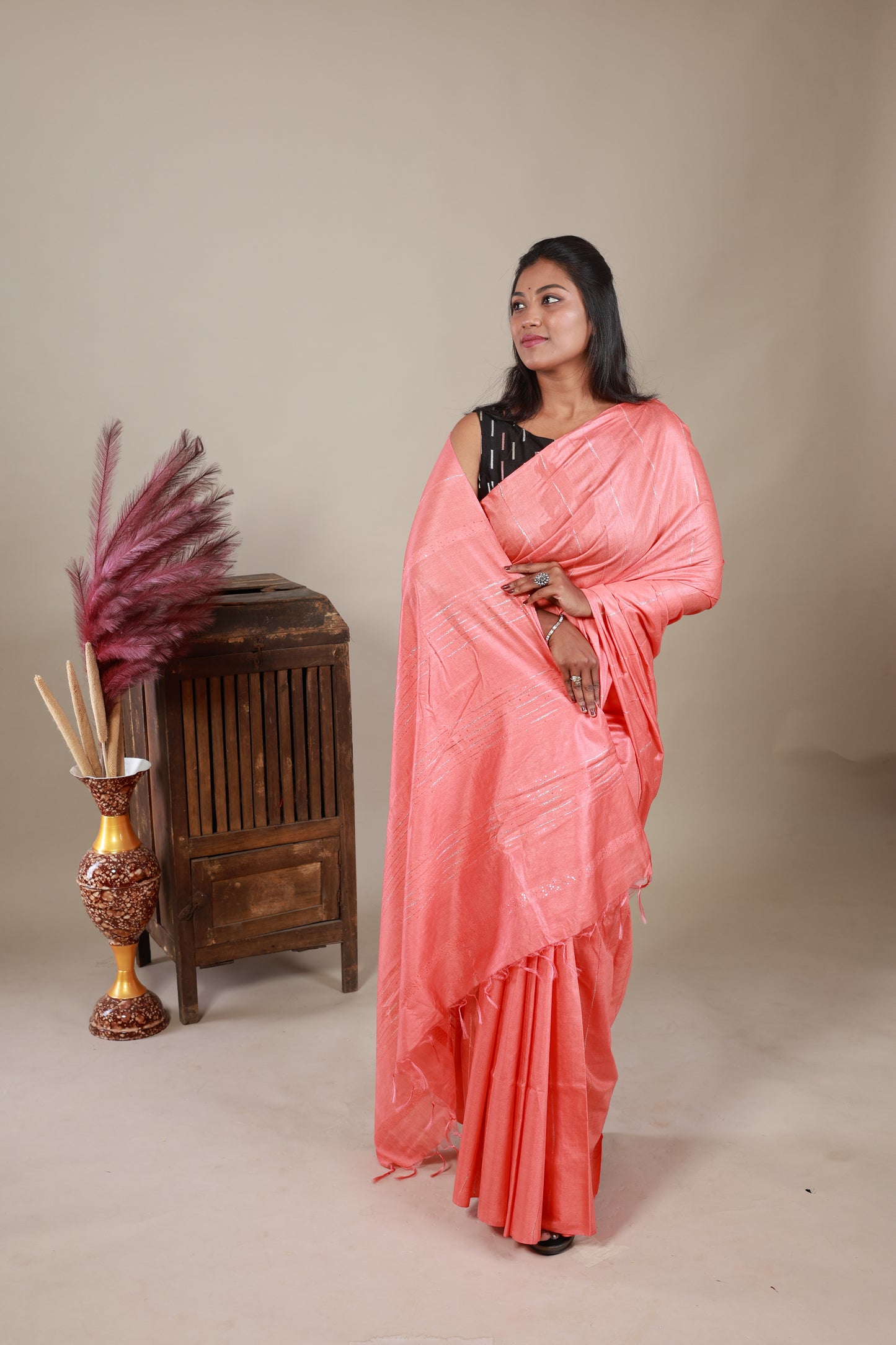 Semi Tussar Saree - Peach