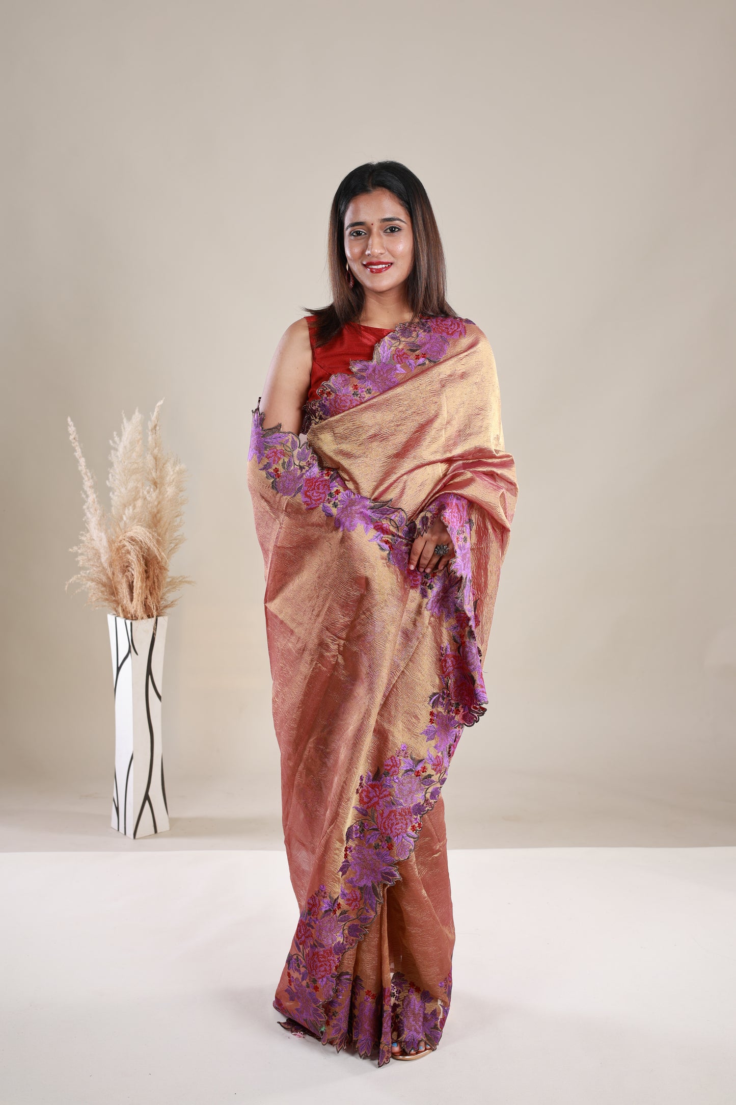 Copper Colour Crush Tissue Saree With Embroidery