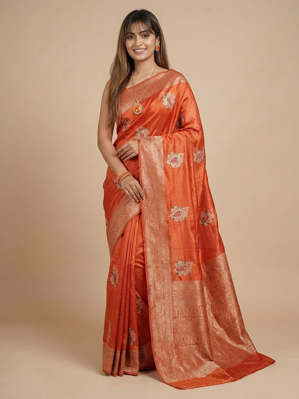 Jeena-Pure Tussar Silk Jamdani Jari Buta Saree(Silkmark certified)