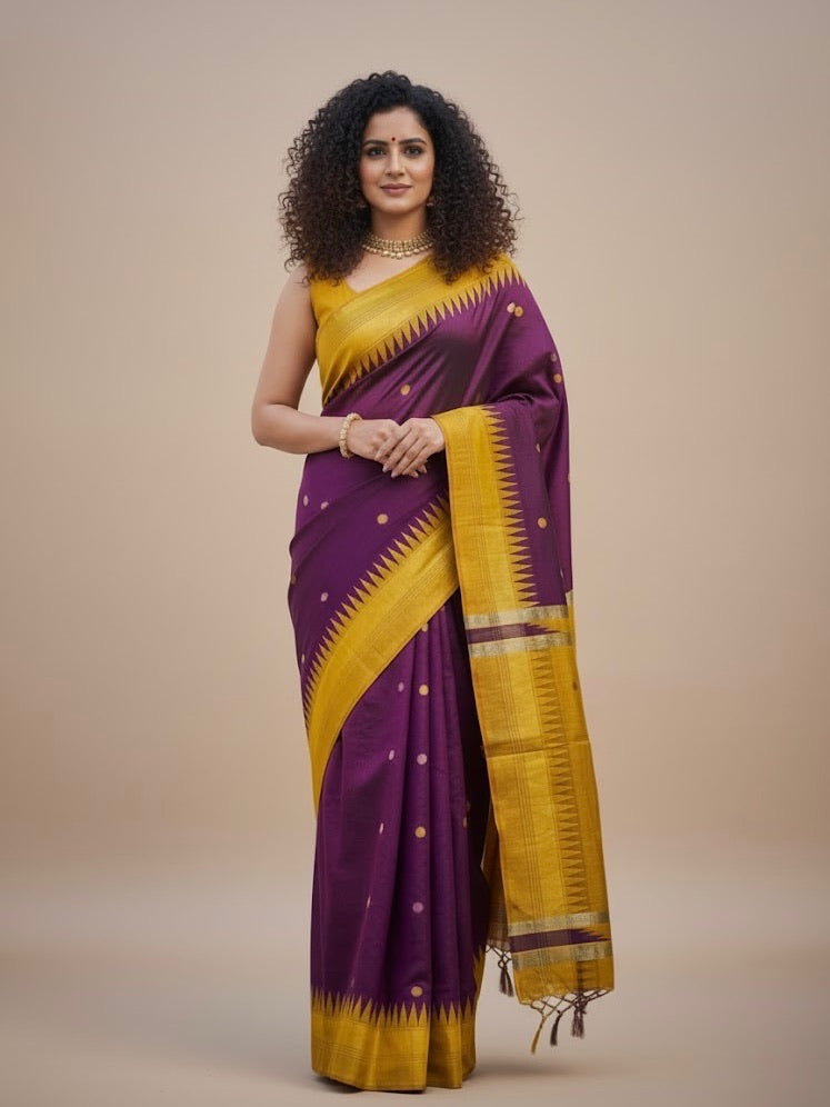 Banu – Regal Purple & Mustard Raw Silk Saree with Temple Border