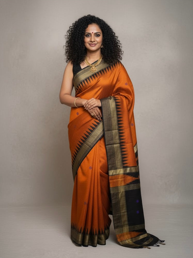 Roopa – Handwoven Raw Silk Saree with Temple Border