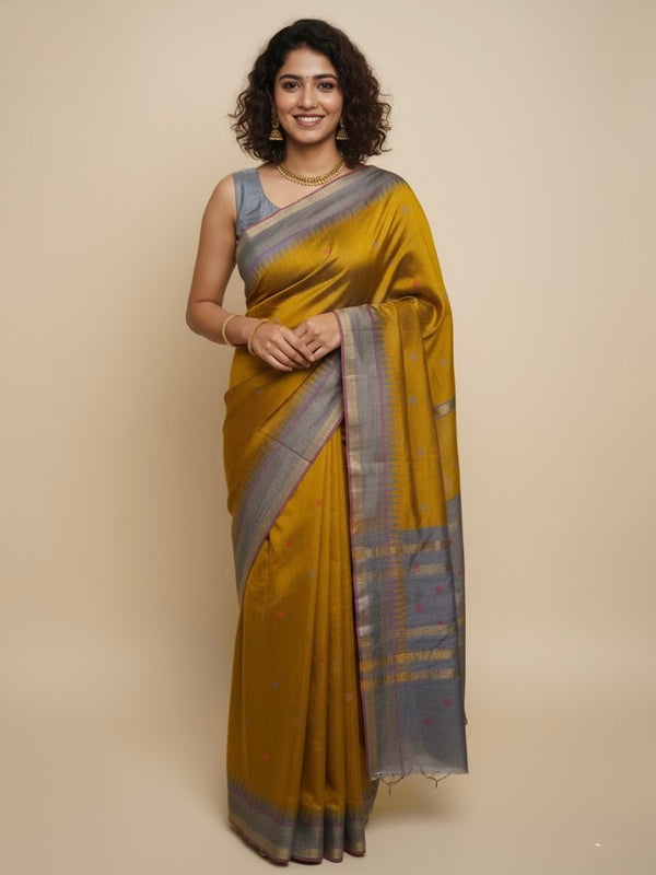 Mithra – Mustard Raw Silk Saree with Grey Temple Border - Thugil