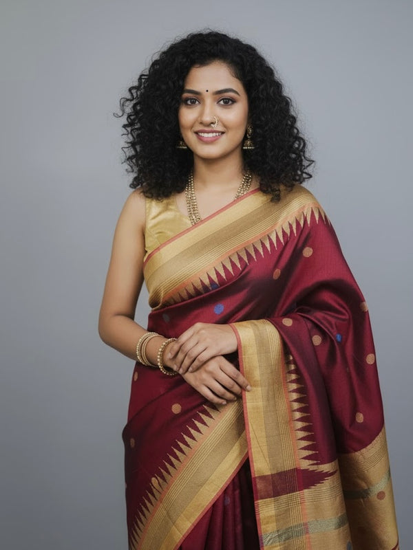 Anjali – Maroon Raw Silk Saree with Temple Border - Thugil