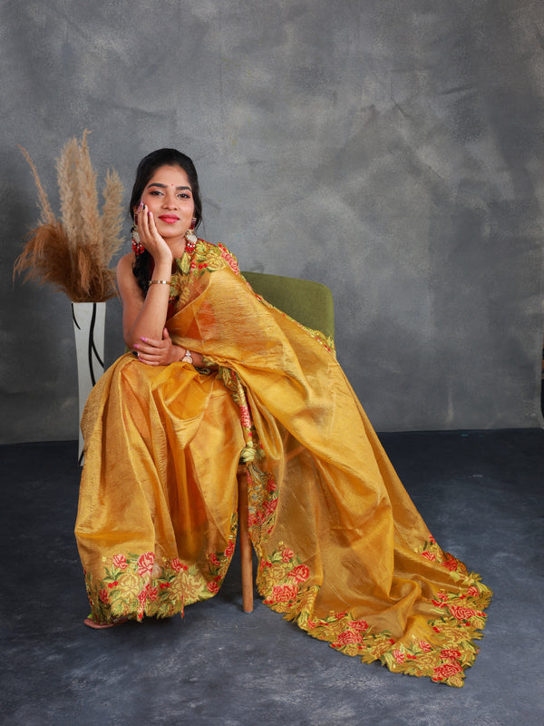 Mustard Crush Tissue Saree with Embroidery - Thugil
