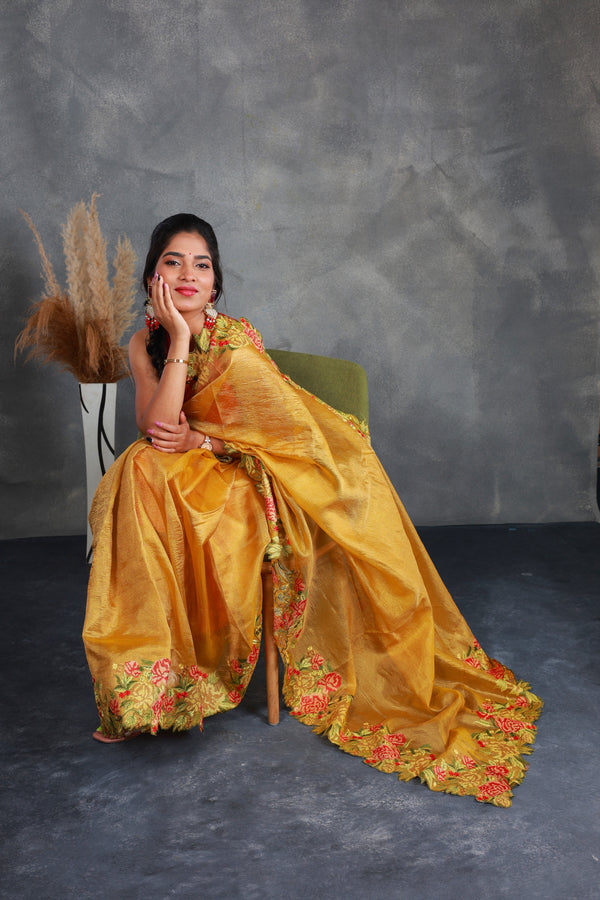 Mustard Crush Tissue Saree with Embroidery - Thugil