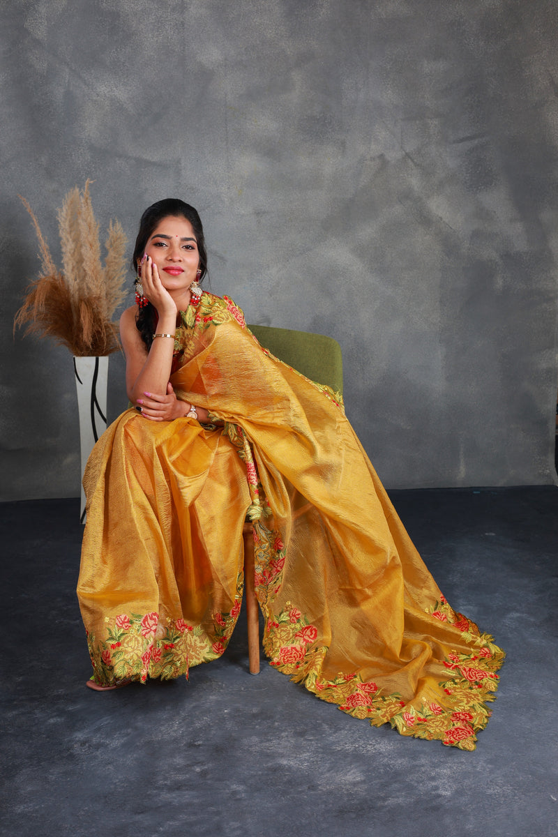 Mustard Crush Tissue Saree with Embroidery - Thugil
