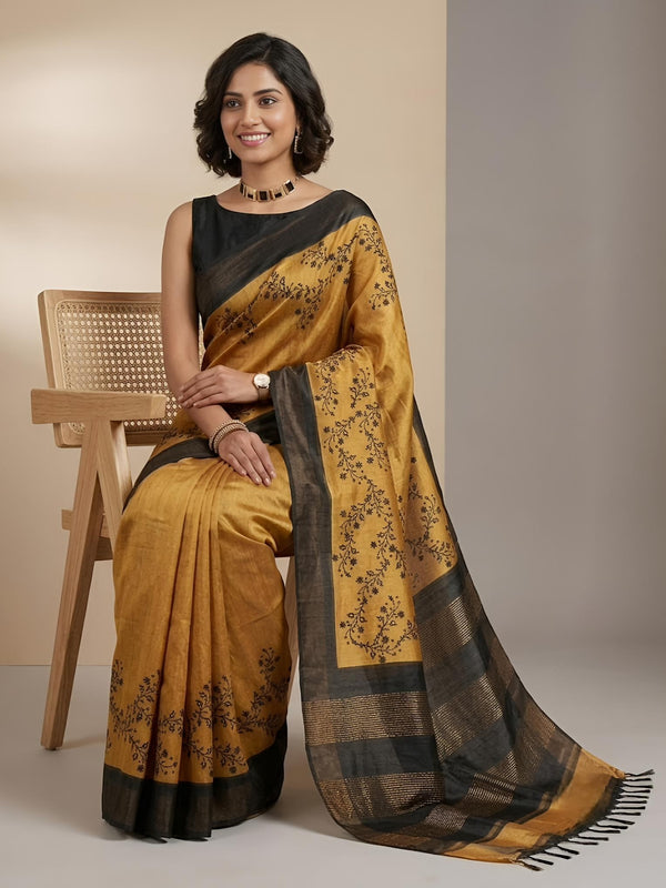 Harshini -Pure Tussar Silk Saree with Zari Border & Traditional Print