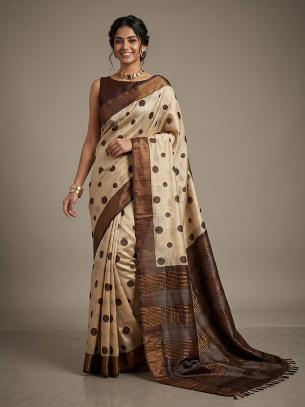 Raisa -Pure Tussar Silk Saree with Zari Border & Traditional Print