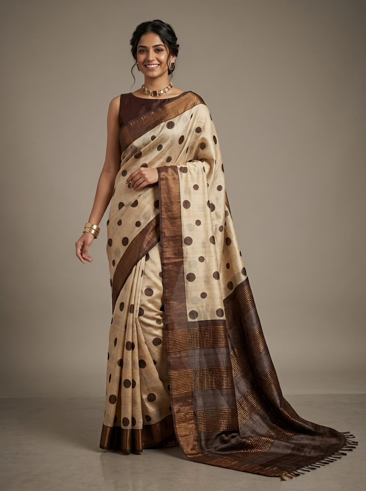 Raisa -Pure Tussar Silk Saree with Zari Border & Traditional Print