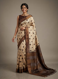 Raisa -Pure Tussar Silk Saree with Zari Border & Traditional Print