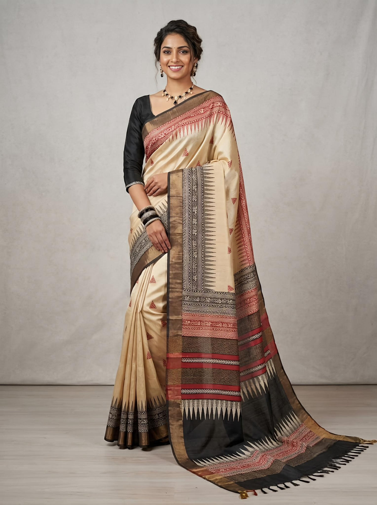 Nimishalini -Pure Tussar Silk Saree with Zari Border & Traditional Print