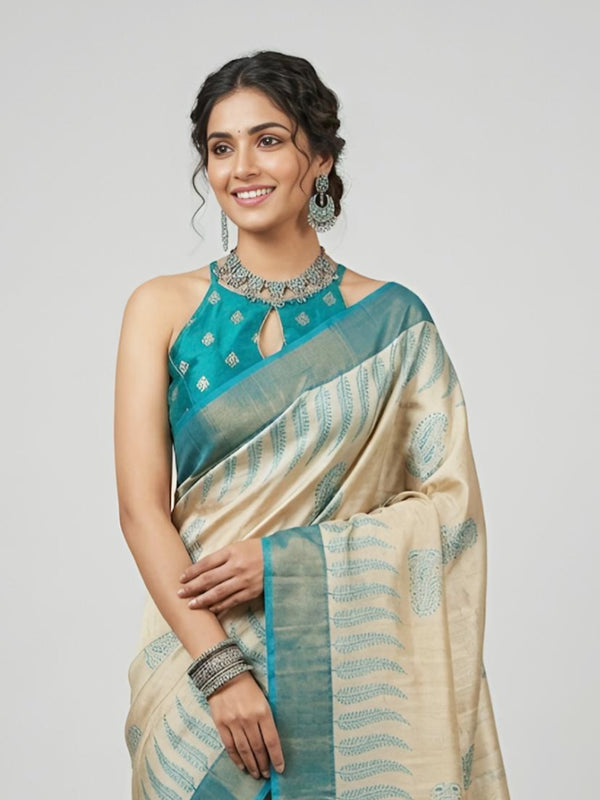 Ranee-Pure Tussar Silk Saree with Zari Border & Traditional Print