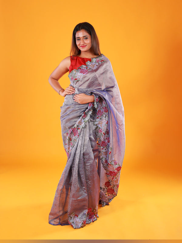 Grey Crush Tissue Saree with Embroidery - Thugil