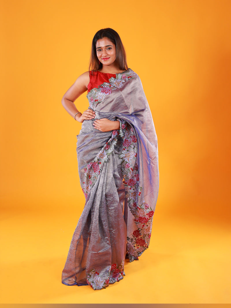 Grey Crush Tissue Saree with Embroidery - Thugil