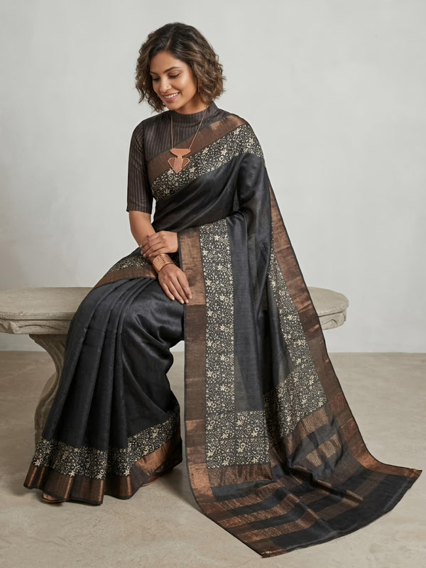 Solai-Pure Tussar Silk Saree with Zari Border & Traditional Print